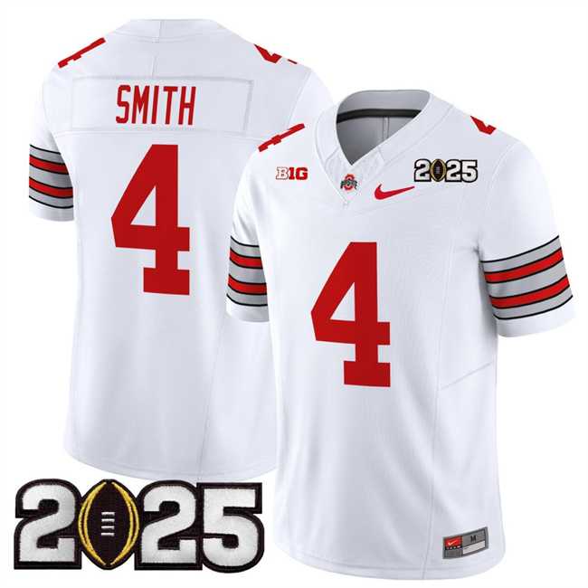 Men%27s Ohio State Buckeyes #4 Jeremiah Smith White 2025 CFP Final Patch F.U.S.E. Vapor Limited Stitched Football Jersey